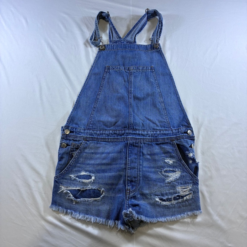 American Eagle Outfitters Distressed Denim Shortalls Medium Wash Blue Womens L